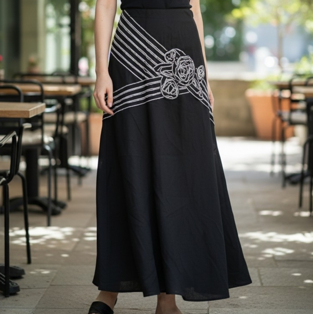 Edward Linen Blend Elegant Black Maxi Skirt with Rose Detail 6801